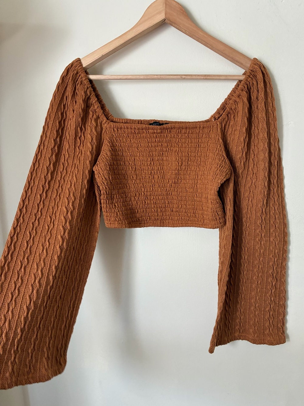 A Love Like You Rust Brown Smocked Cable Knit Crop Top Bell Sleeve M Fall Boho